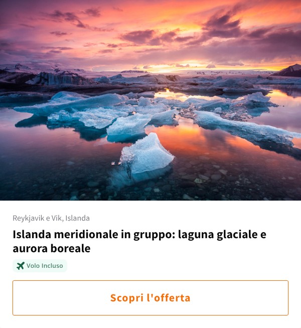 Islanda meridionale in gruppo: laguna glaciale e aurora boreale