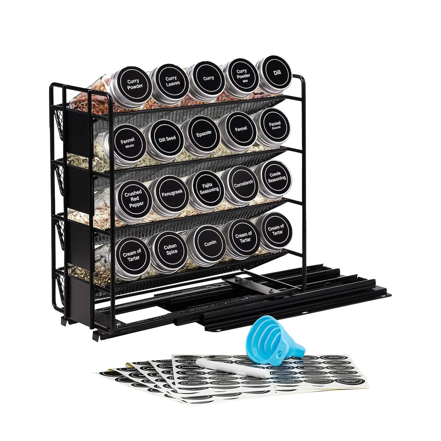 Image of Portaspezie Estraibile da Armadietto con 20 Barattoli in Vetro ed Etichette