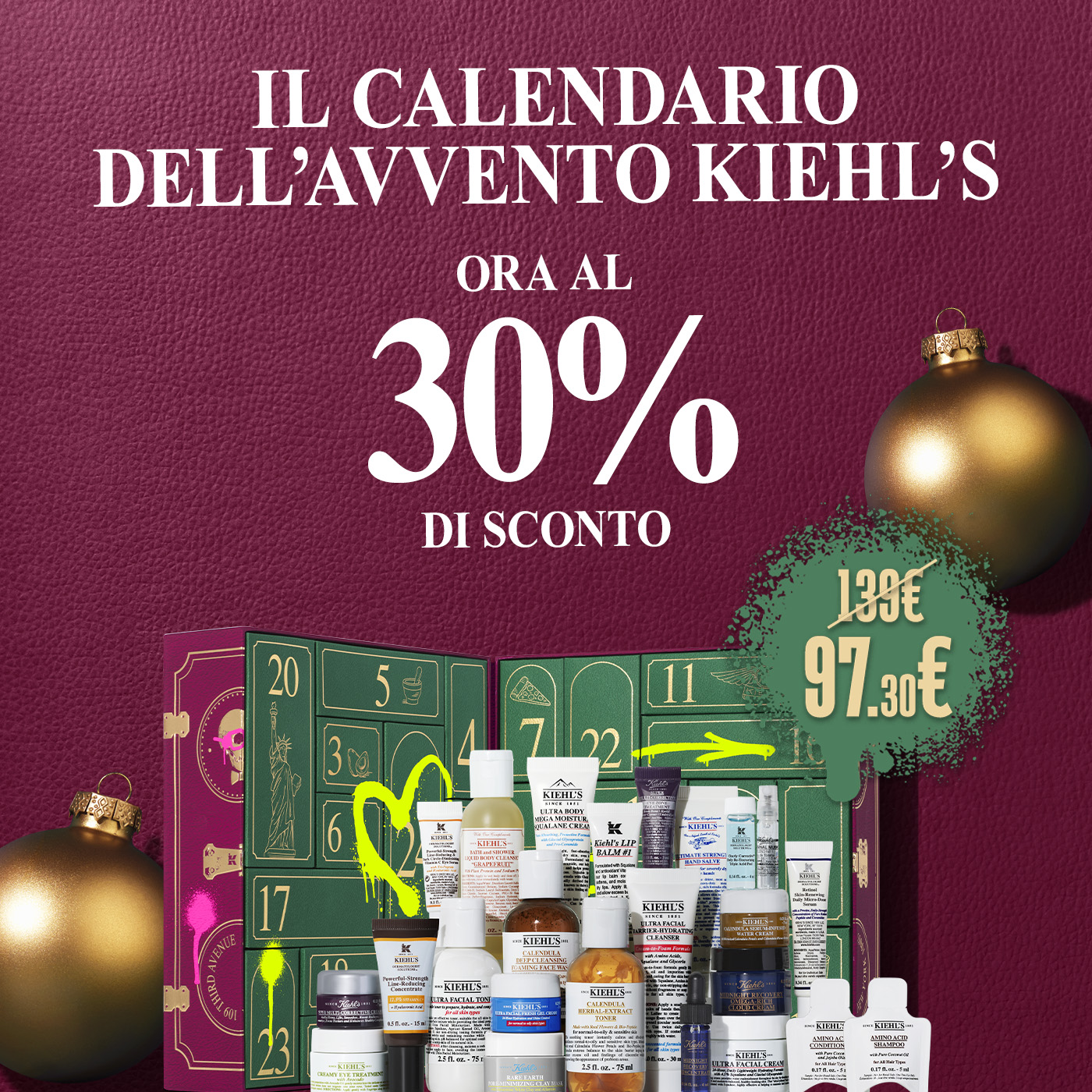 Visual del Calendario dell&rsquo;Avvento Kiehl&rsquo;s al -30%: prezzo 97,30&euro; invece di 139&euro;, con i prodotti contenuti esposti sullo sfondo natalizio.