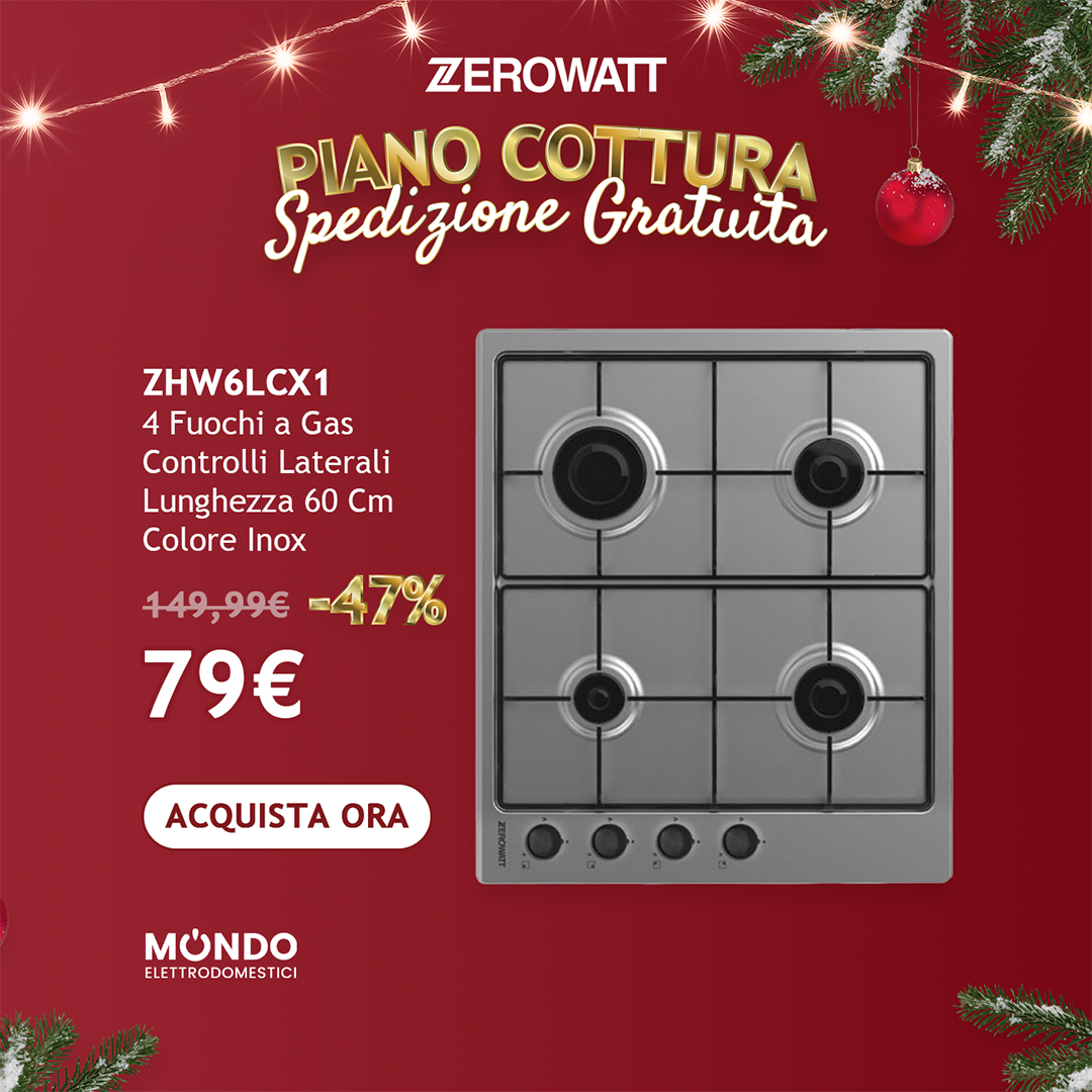 ZEROWATT Piano Cottura ZHW6LCX/1 4 Fuochi a Gas con Controlli Laterali Lunghezza 60 Cm Colore Inox