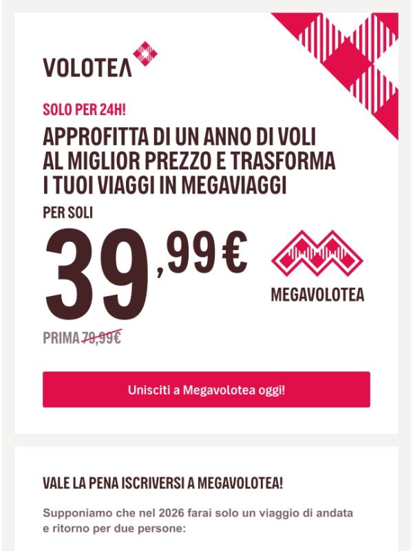Per 24h! Un anno di Megavolotea a soli 39,99€