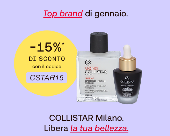 Promozione &ldquo;Top brand di gennaio&rdquo; con prodotti Collistar Milano, sconto del 15% con codice CSTAR15 e slogan &ldquo;Libera la tua bellezza&rdquo;.