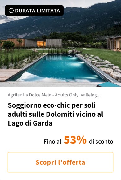 Soggiorno eco-chic per soli adulti sulle Dolomiti vicino al Lago di Garda