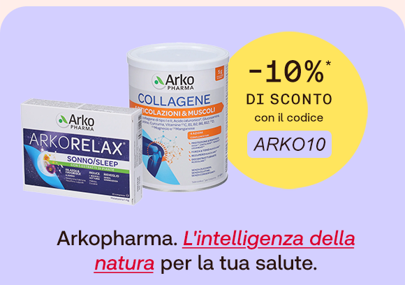 Promozione Arkopharma con prodotti Arkorelax e Collagene, sconto del 10% con codice ARKO10 e slogan &ldquo;L&rsquo;intelligenza della natura per la tua salute&rdquo;.