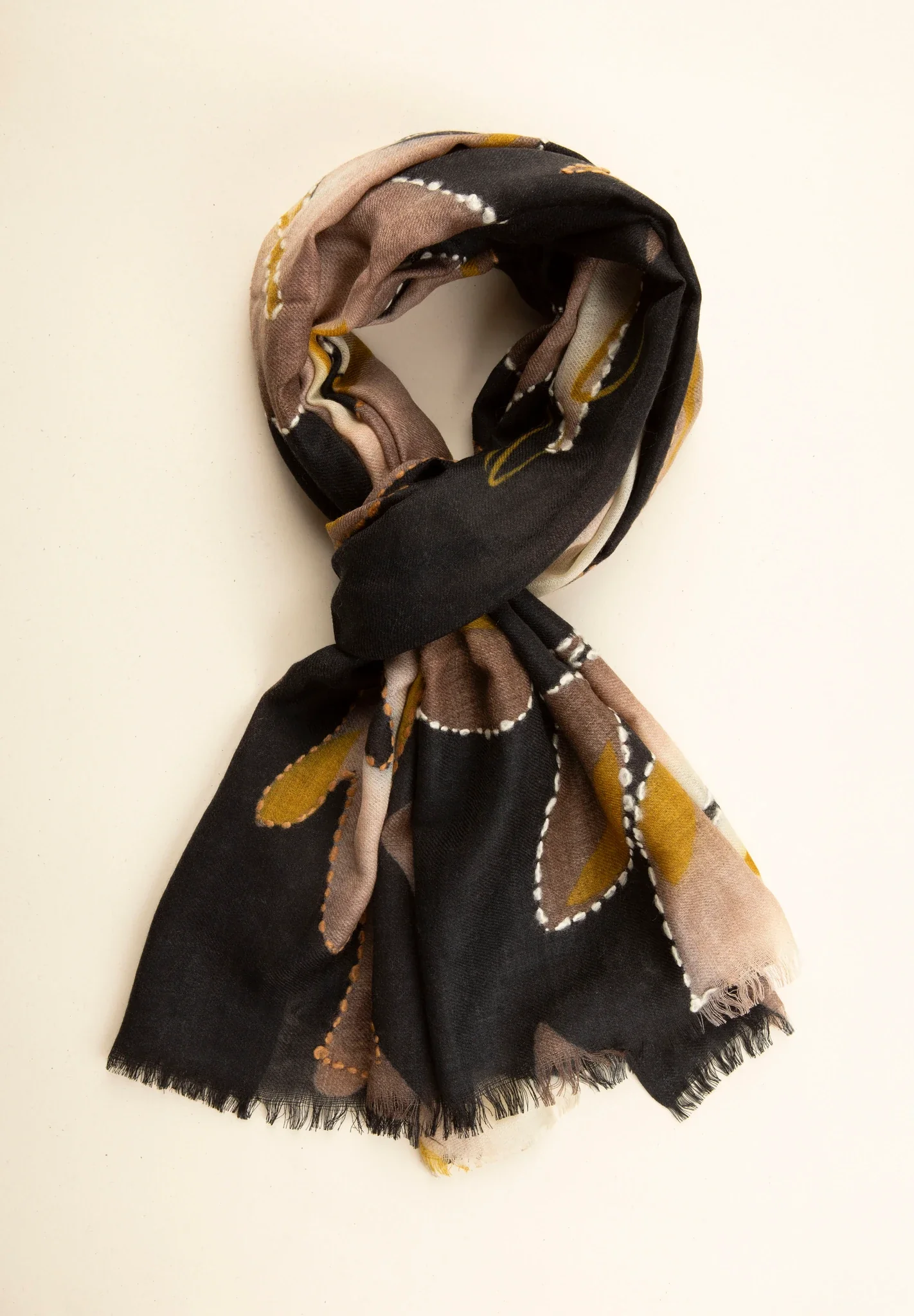 Image of Sciarpa blu notte lana fantasia astratta marrone panna