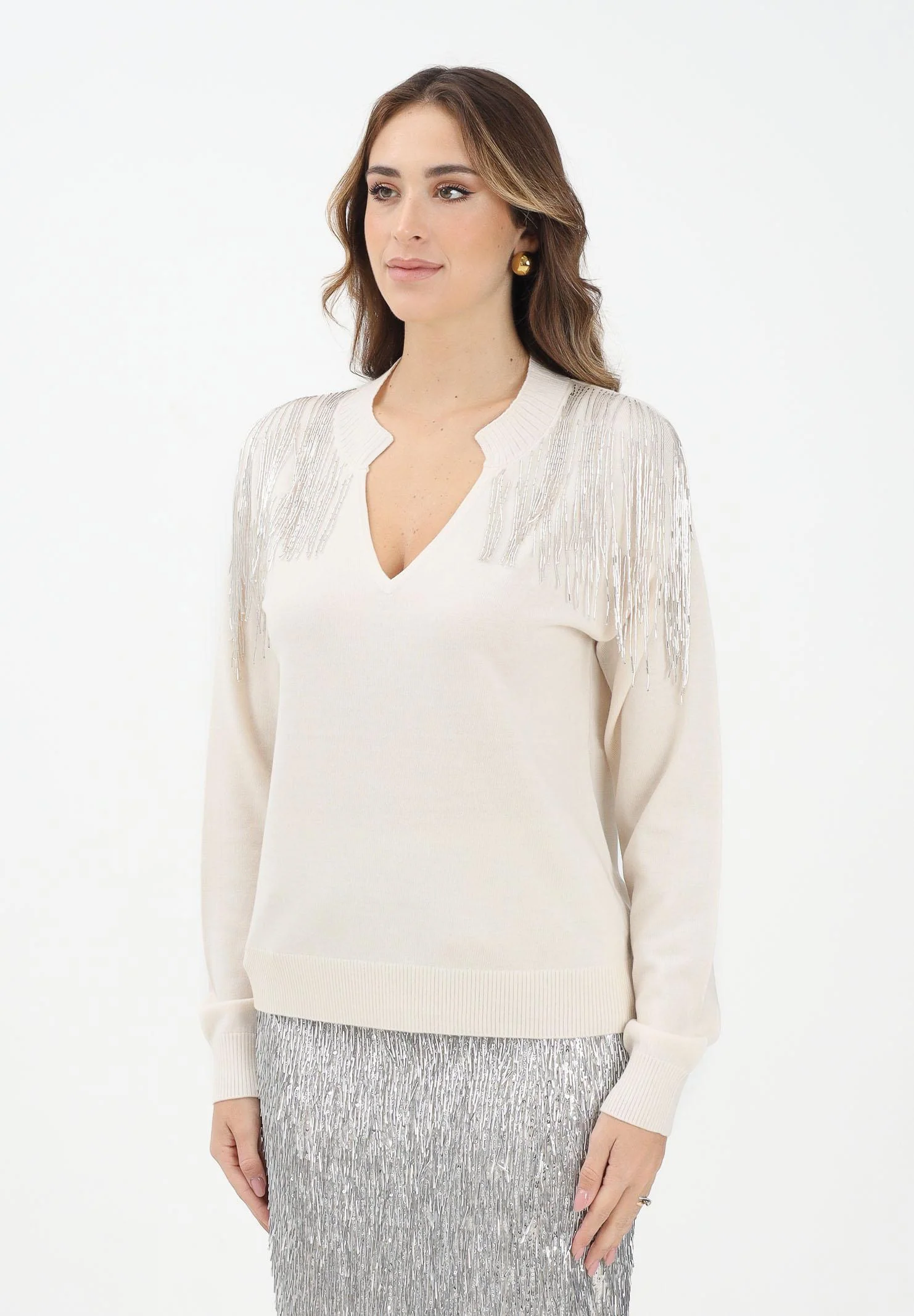 Image of PATRIZIA PEPE Maglioncino scollo a v panna da donna con strass sulle spalle