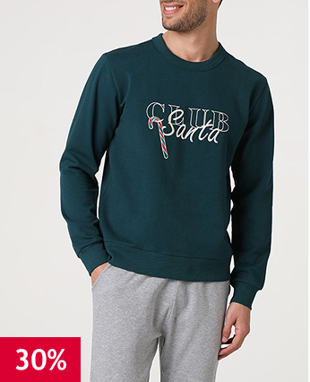 Pigiama lungo girocollo in felpa e interlock, verde scuro