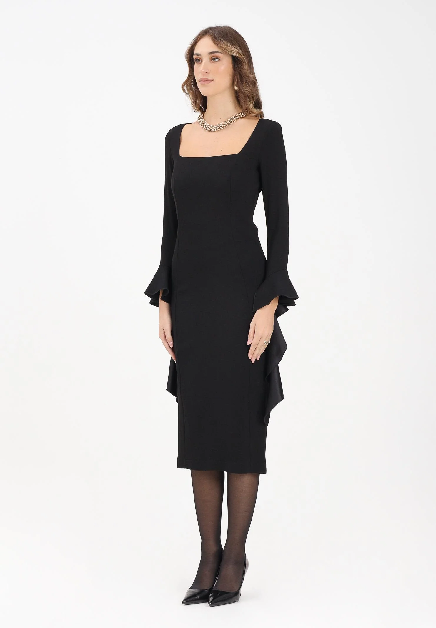 Image of PINKO Abito midi nero da donna con volant