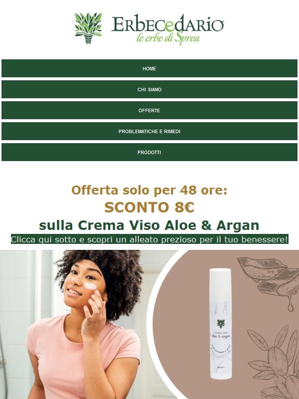 Pelle morbida e luminosa? Scopri la Crema Viso Aloe & Argan e risparmi 8€ 🍃