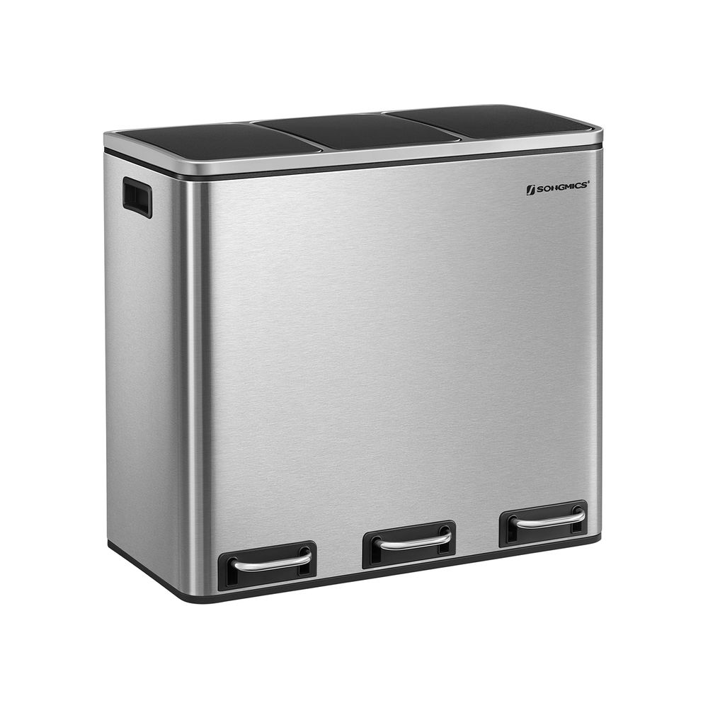 Pattumiera a 3 Censtini da Cucina con Coperchi Pedali Acciaio Argento e Nero