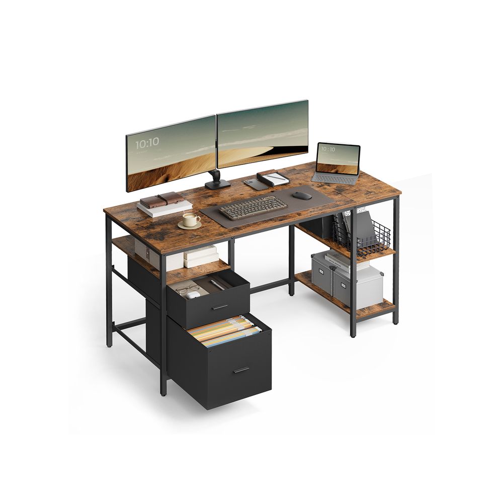 Scrivania con 3 Ripiani 2 Cassetti per Ufficio Marrone Vintage e Nero