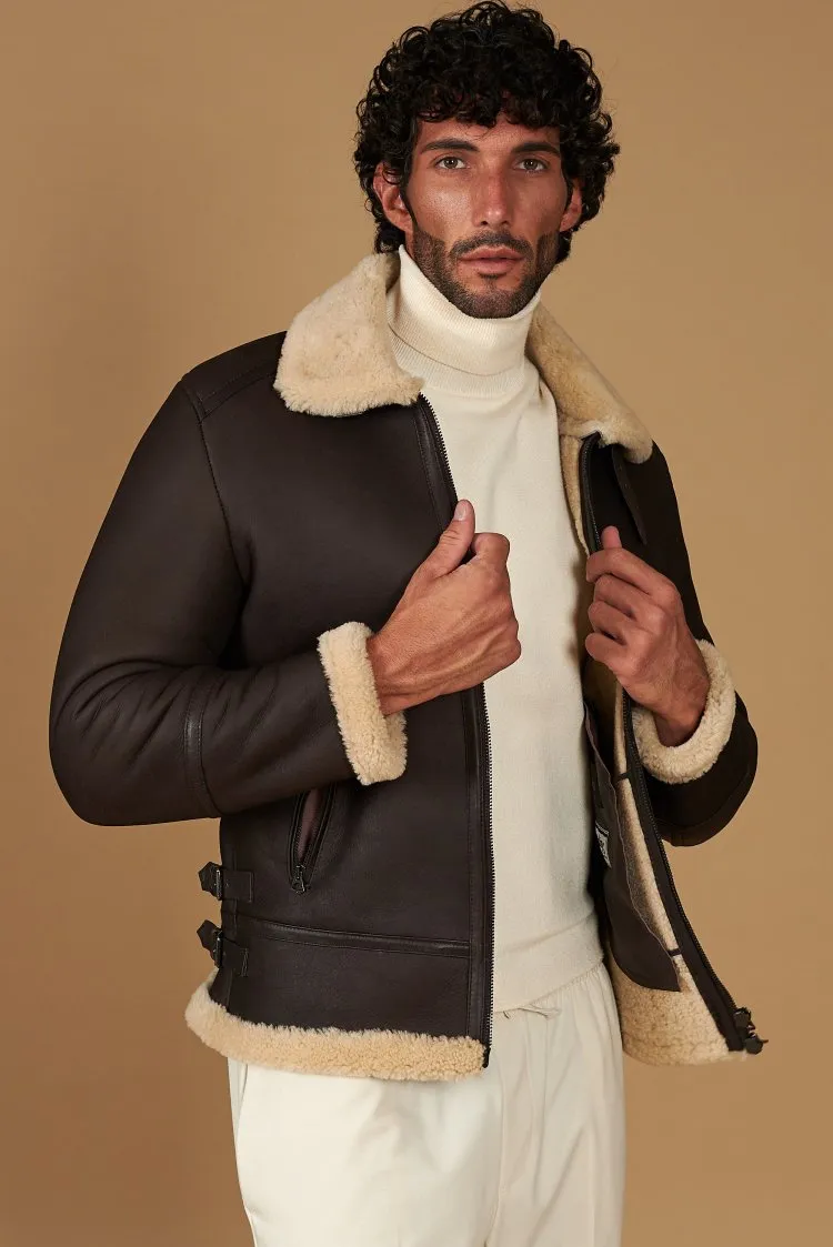 Image of Montone shearling testa di moro biker uomo collo camicia con fibbia