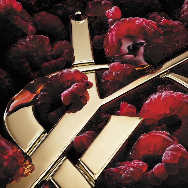 Un primo piano si concentra sul radioso logo YSL dorato, intricatamente intrecciato con lamponi rossi succosi che sembrano luccicare di umidit&agrave;.