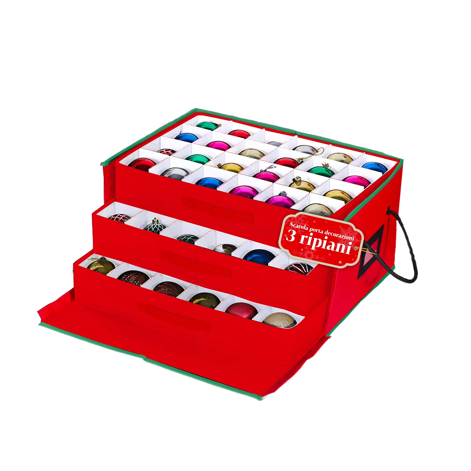 Image of Organizer con 3 Cassetti per 72 Palline di Natale in TNT con Cerniera e Manici