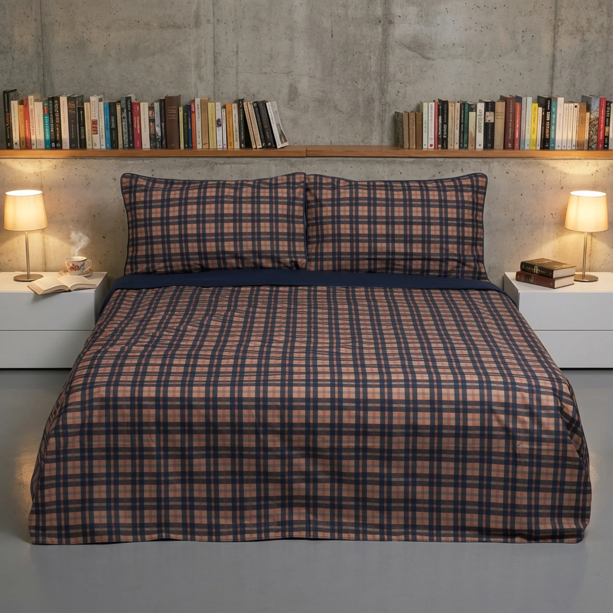 Image of Parure Copripiumino in Percalle di Cotone<br> Stampa a Quadri - <b>Silene