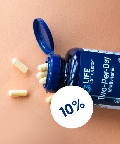 Flacone multivitaminico Life Extension Two-Per-Day® con capsule rovesciate, visualizzato su uno sfondo dai colori caldi con un badge di sconto del 10%.