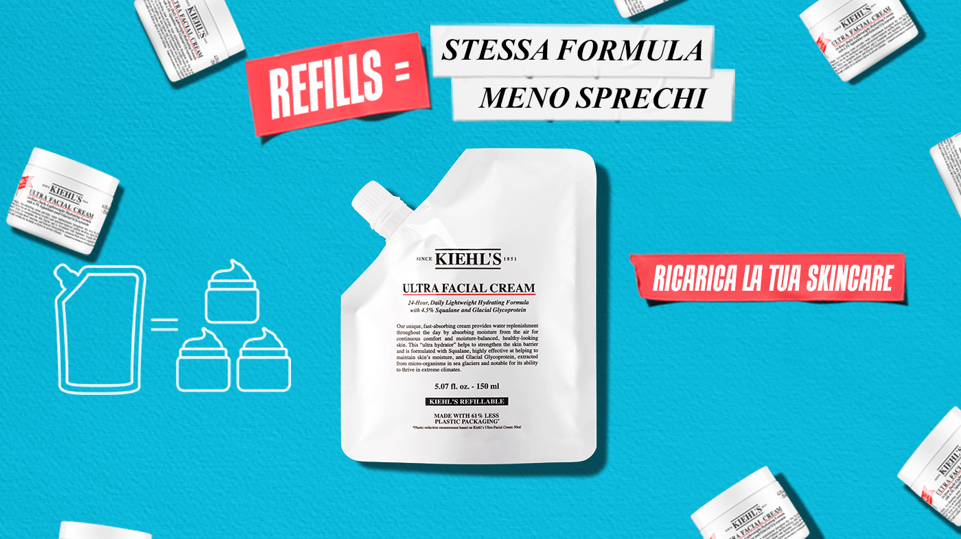 Ricarica Kiehl&rsquo;s Ultra Facial Cream da 150 ml su sfondo azzurro, con claim &ldquo;Stessa formula, meno sprechi&rdquo; e indicazione refill per ridurre l&rsquo;uso di plastica.