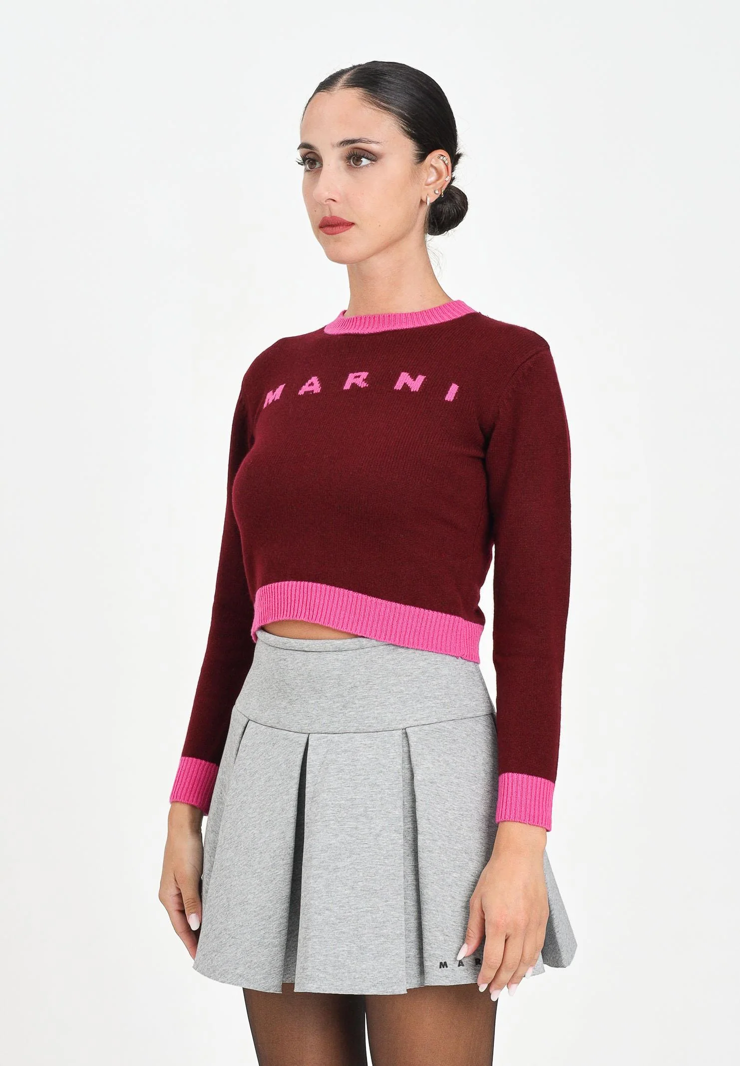 Image of MARNI Maglioncino girocollo bordeaux per donna e bambina con logo
