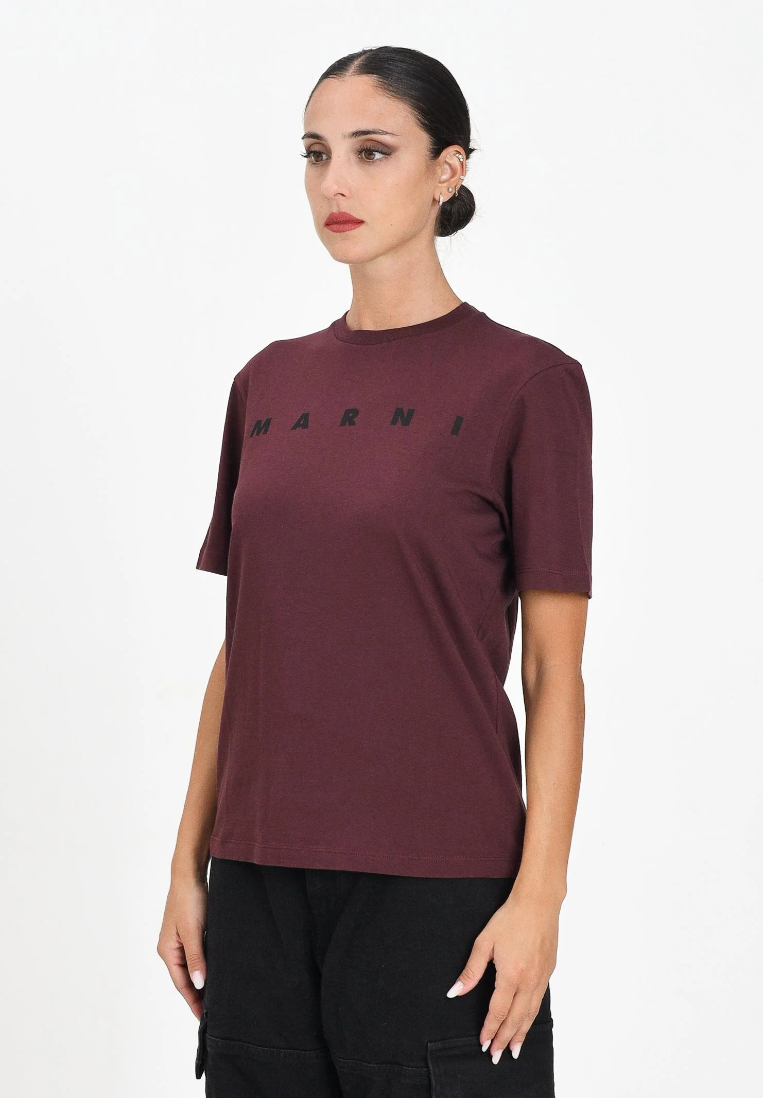 Image of MARNI T-shirt a manica corta bordeaux per donna, ragazzi e bambini con stampa logo