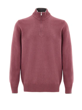 Maglione Lupetto con Mezza Zip in Lana Rosso Porpora Gran Sasso