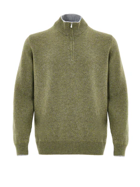Maglione Lupetto con Mezza Zip in Lana Verde Gran Sasso
