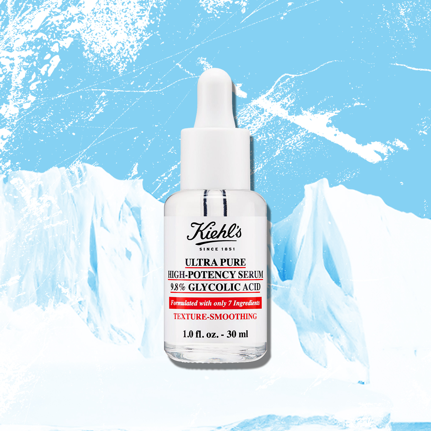 Flacone di Ultra Pure High-Potency Serum 9,8% Acido Glicolico Kiehl&rsquo;s su sfondo ghiacciato. Siero viso esfoliante ad alta concentrazione per migliorare la texture della pelle.