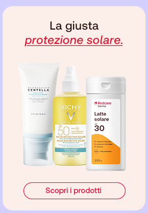 Prodotti per la protezione solare con testo &ldquo;La giusta protezione solare&rdquo; e pulsante &ldquo;Scopri i prodotti&rdquo;