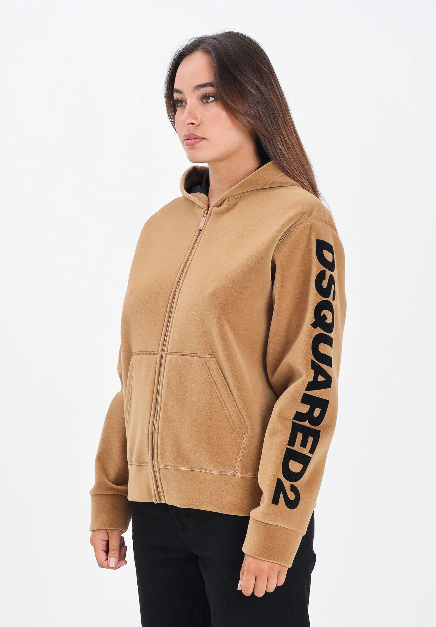 Image of DSQUARED2 Felpa con zip beige per donna, ragazzi e bambini in neoprene floccato