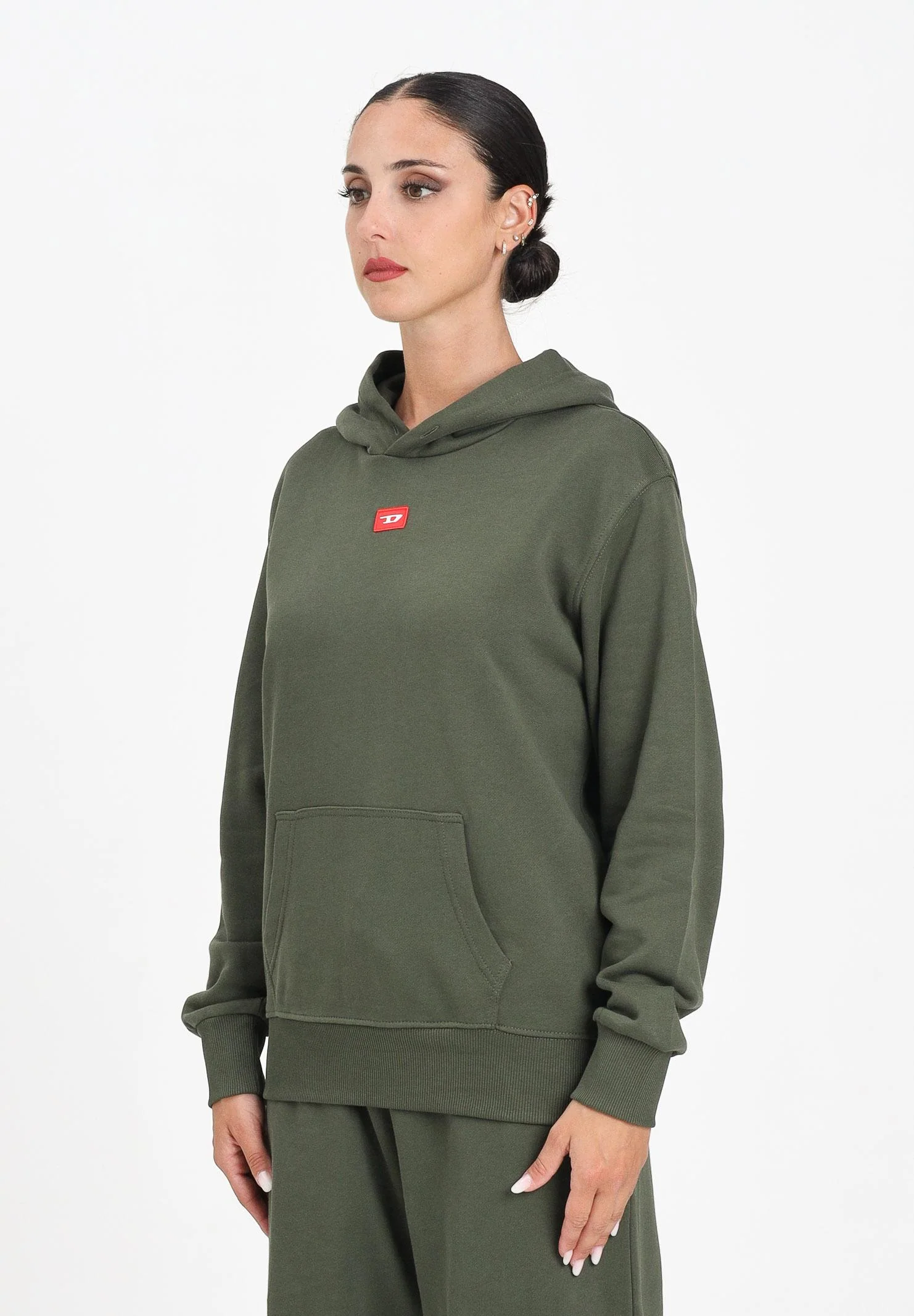 Image of DIESEL Felpa con cappuccio verde militare per donna, ragazzi e bambini rifinita da patch D