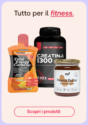 Prodotti per il fitness con integratori energetici, creatina e burro di arachidi.