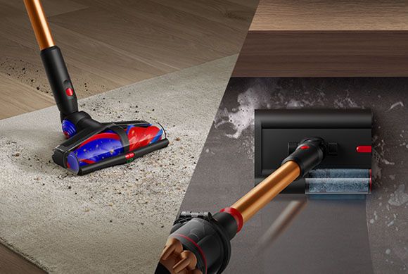 The Dyson All Floor Cones Sense cleaner head adapts suction and the Submarine cleaner head cleans a spill from a tile floor.