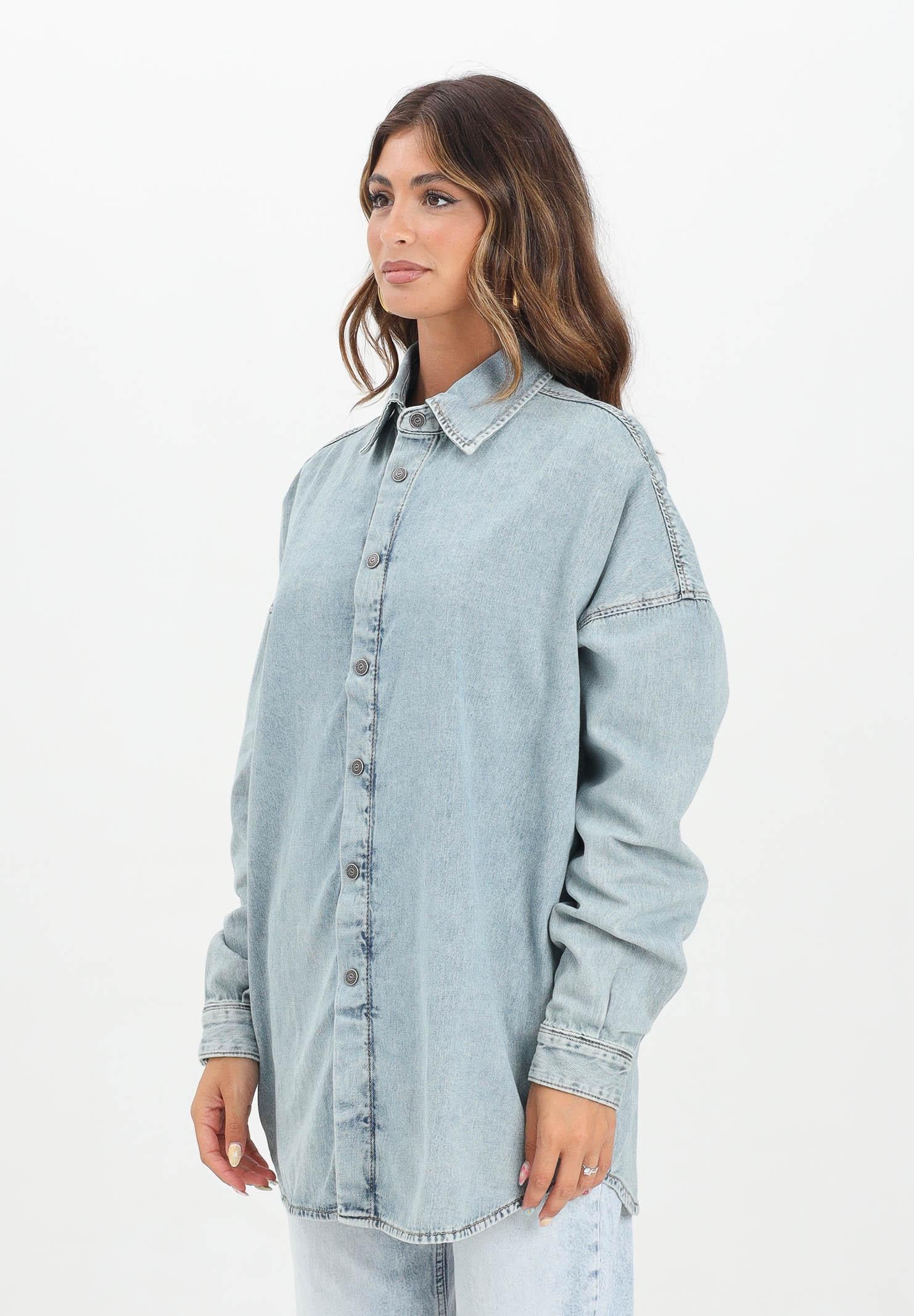 Image of DIESEL Camicia a manica lunga in denim chiaro per donna, ragazzi e bambini con maxi logo Oval D