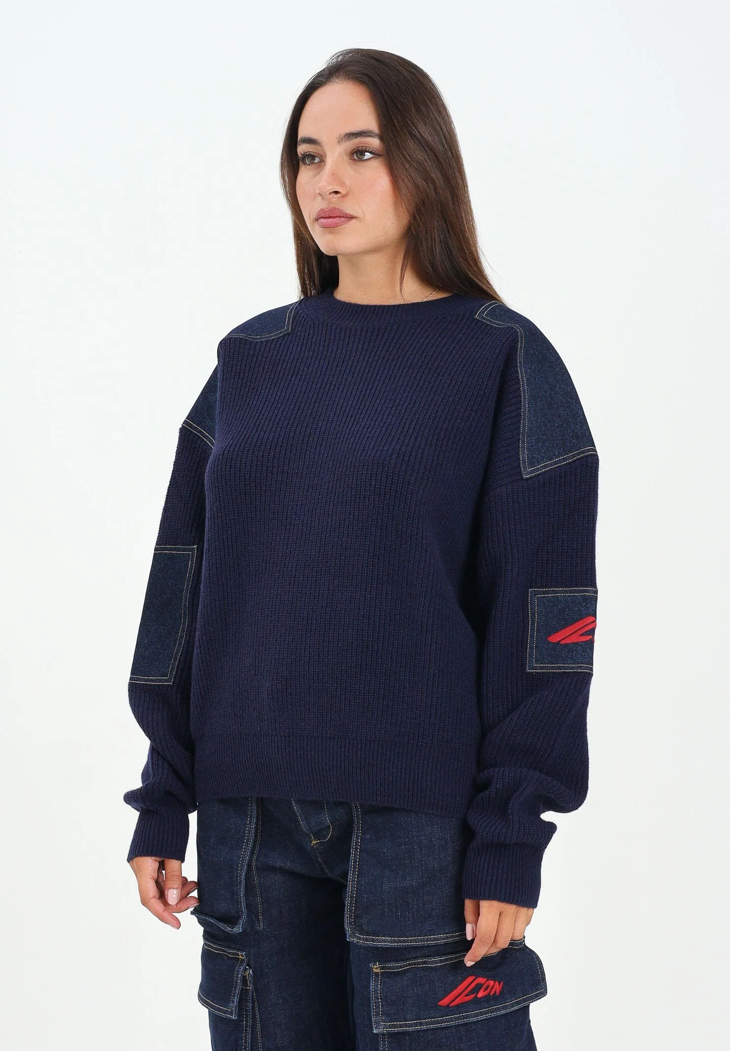 Image of DSQUARED2 Maglioncino girocollo blu per donna, ragazzi e bambini con inserti in denim