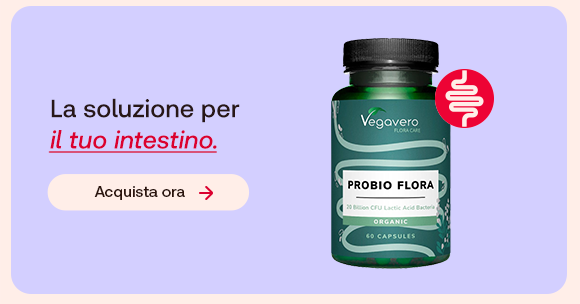 Integratore probiotico Vegavero “Probio Flora” per il benessere dell’intestino, con testo “La soluzione per il tuo intestino” e pulsante “Acquista ora”. Integratore probiotico Vegavero “Probio Flora” per il benessere dell’intestino, con testo “La soluzione per il tuo intestino” e pulsante “Acquista ora”.