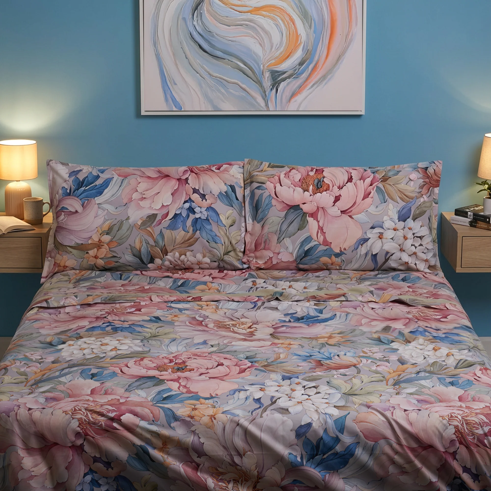 Image of Completo Lenzuola in Percalle <br>di Cotone Fantasia Floreale - <b>Rosalia