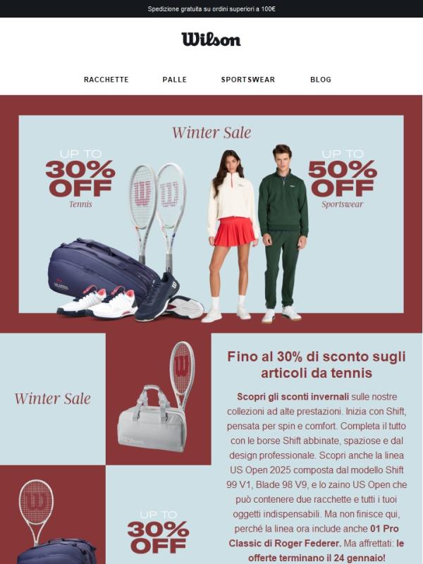 SALDI INVERNALI – Fino al 50% di sconto sugli articoli sportswear e fino al 30% sulle racchette