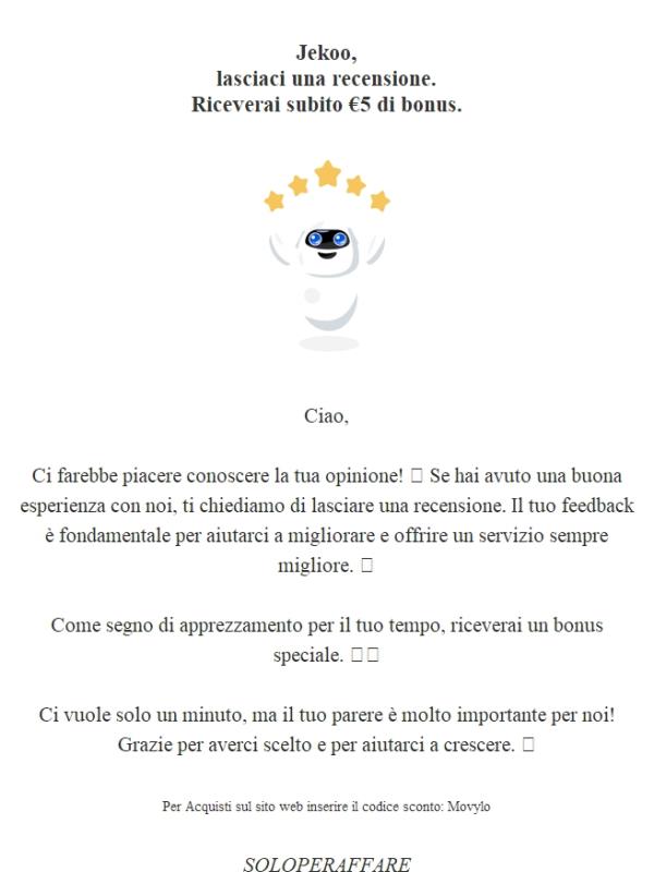Jekoo, lasciaci una recensione e ricevi €5 di bonus