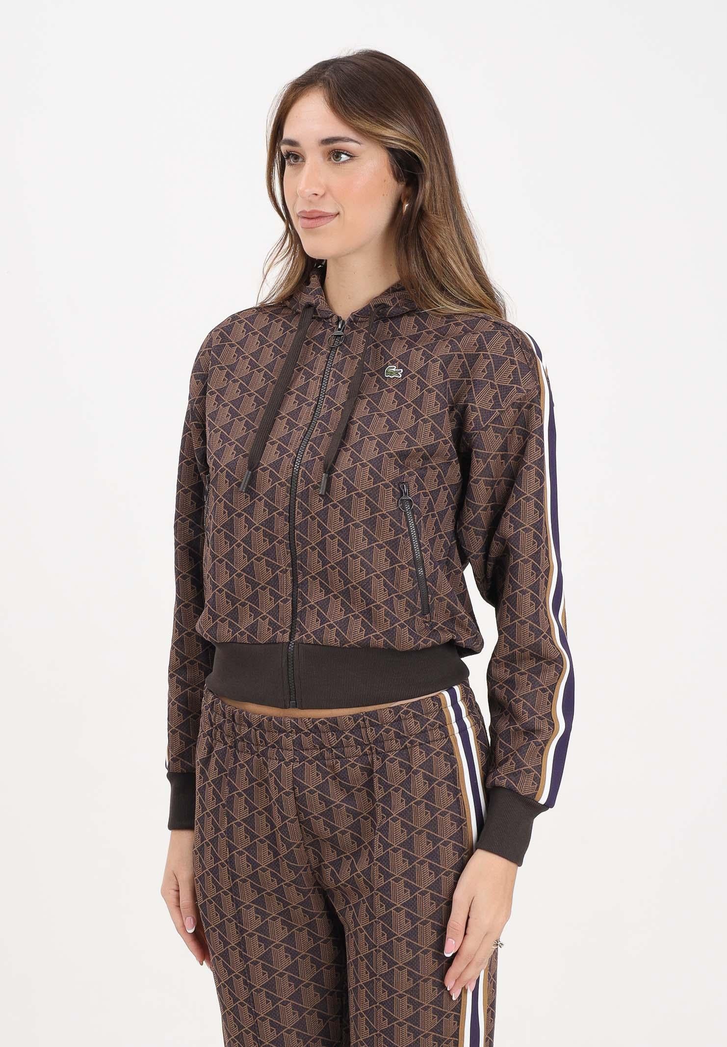 Image of LACOSTE Felpa con zip marrone da donna in jacquard con monogramma