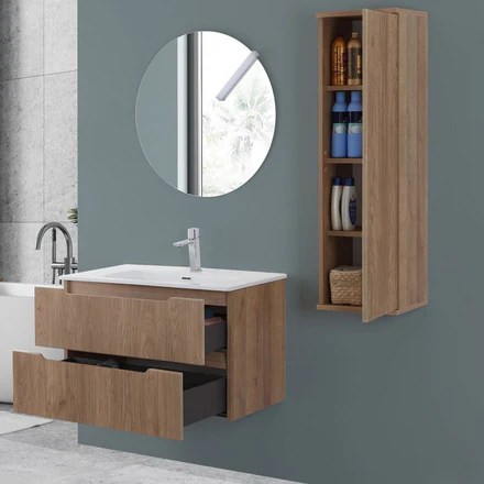 Mobile Bagno Sospeso con Lavabo in Ceramica e Specchio 2 Cassetti 80 cm Rovere