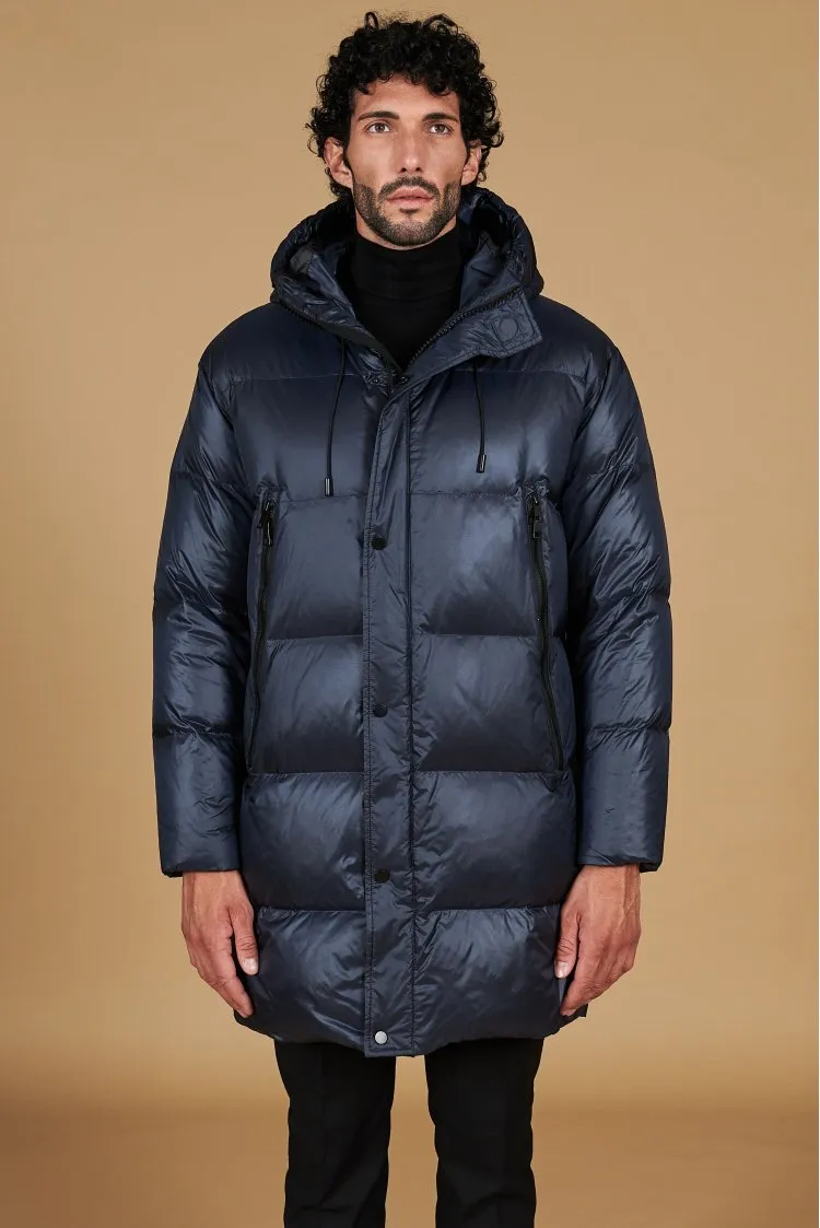 Image of Giaccone lungo in vera piuma colore blu da ripiegare a zaino