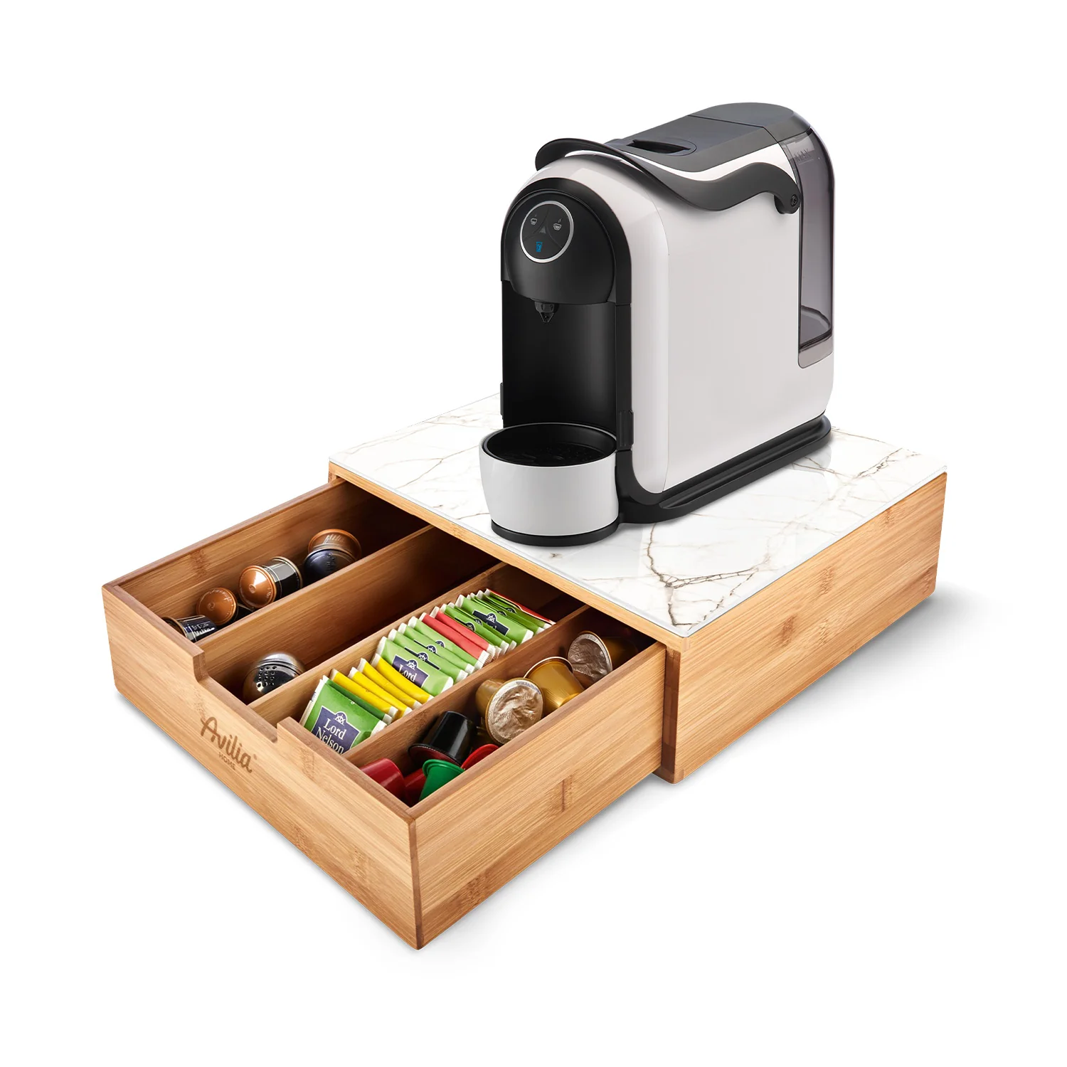 Image of Cassetto Porta Cialde e Capsule in Bambù con Ripiano in Vetro Vari Sfondi