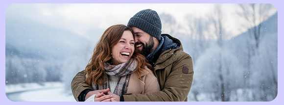 Coppia sorridente all&rsquo;aperto in un paesaggio invernale.