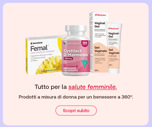 Prodotti per la salute femminile con integratori e gel vaginali, testo &ldquo;Tutto per la salute femminile&rdquo; e pulsante &ldquo;Scopri subito&rdquo;.