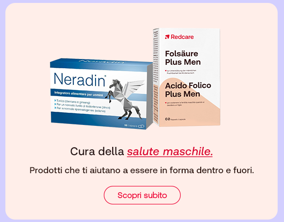 Prodotti per la salute maschile con integratori Neradin e Acido Folico Plus Men, testo &ldquo;Cura della salute maschile&rdquo; e pulsante &ldquo;Scopri subito&rdquo;.