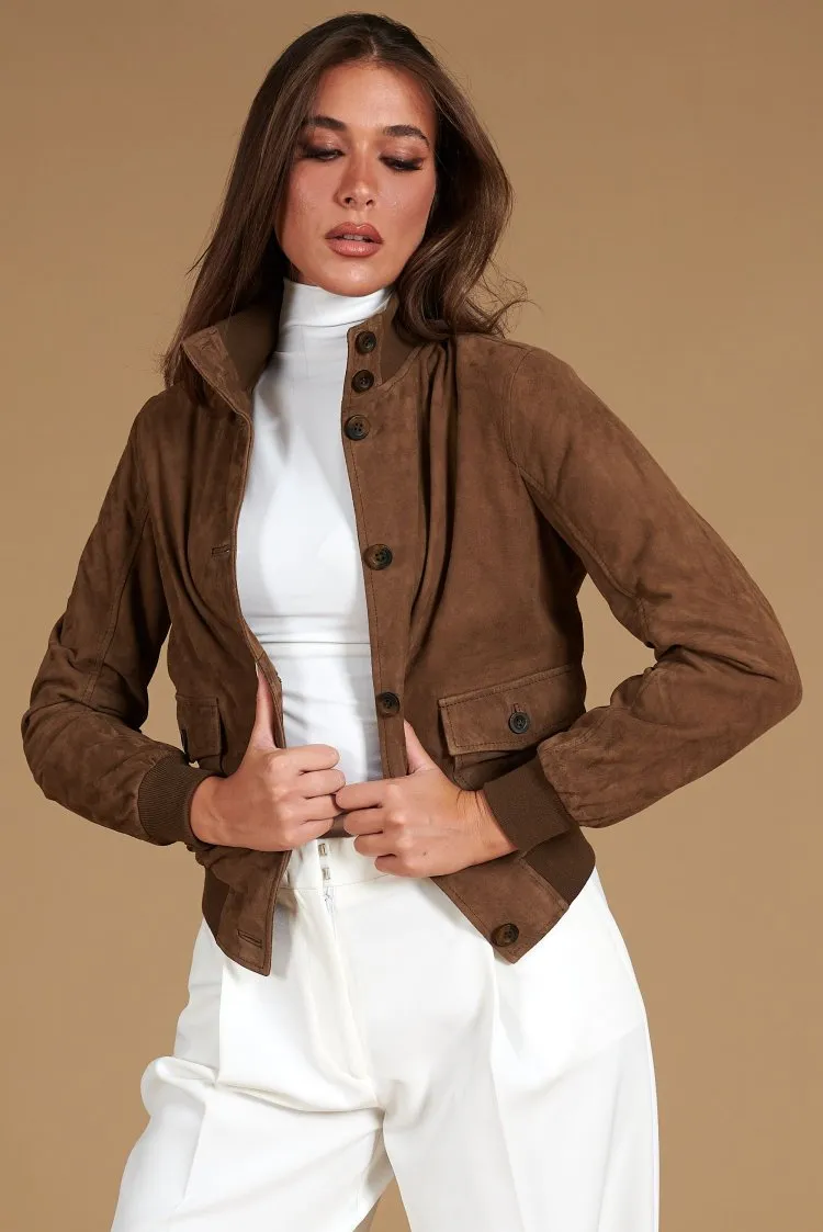 Image of Bomber in pelle camoscio color fango con bottoni