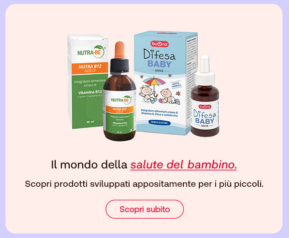 Integratori e prodotti per bambini con testo &ldquo;Il mondo della salute del bambino&rdquo; e pulsante &ldquo;Scopri subito&rdquo;.