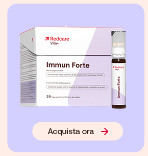 Integratore Redcare Immun Forte con confezione e flaconcino, pulsante &ldquo;Acquista ora&rdquo;.