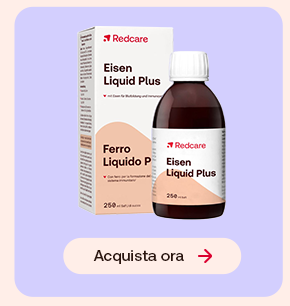 Integratore Redcare Eisen Liquid Plus in flacone con confezione, pulsante &ldquo;Acquista ora&rdquo;.