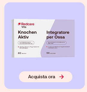 Integratore Redcare Knochen Aktiv per le ossa con confezione e pulsante &ldquo;Acquista ora&rdquo;.
