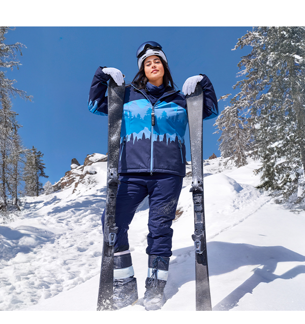 Giacca funzionale e impermeabile con montagne, cappuccio e paraneve